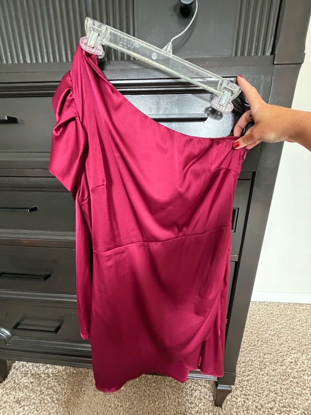 One-Shoulder Wine Satin Cocktail Dress